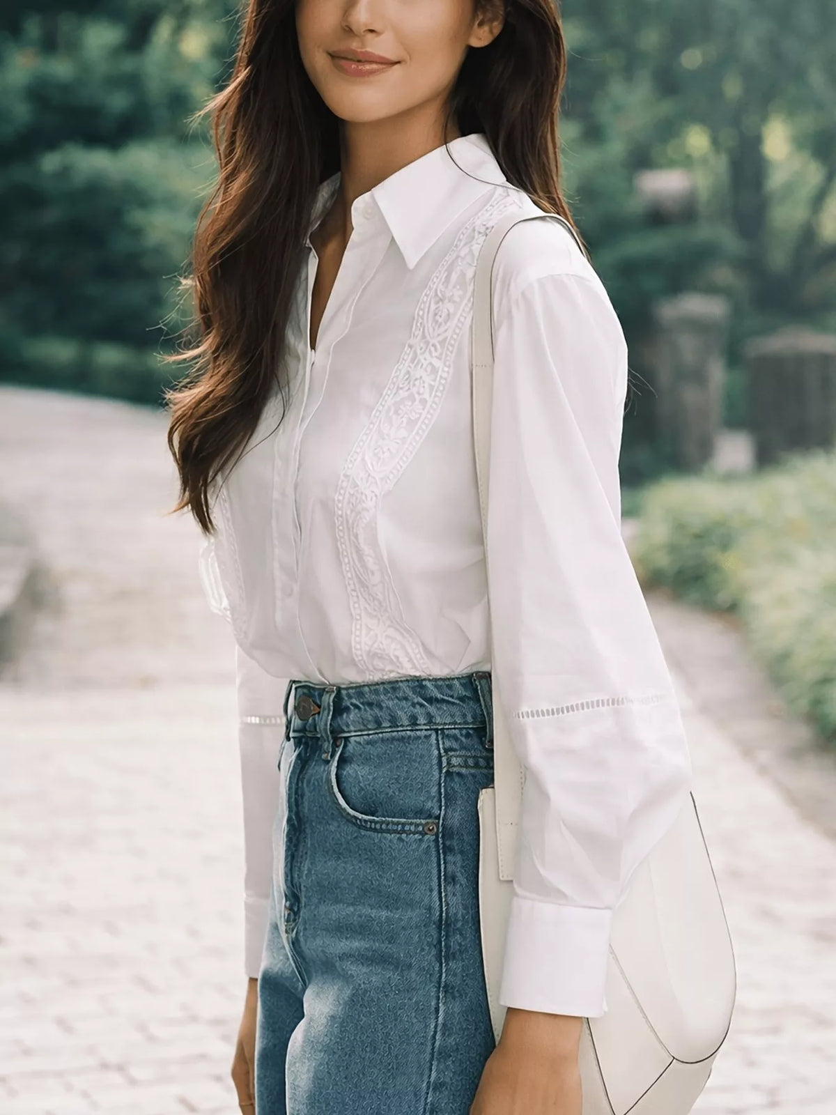 Women's Lace Detail Long Sleeve Shirt in white — side view
