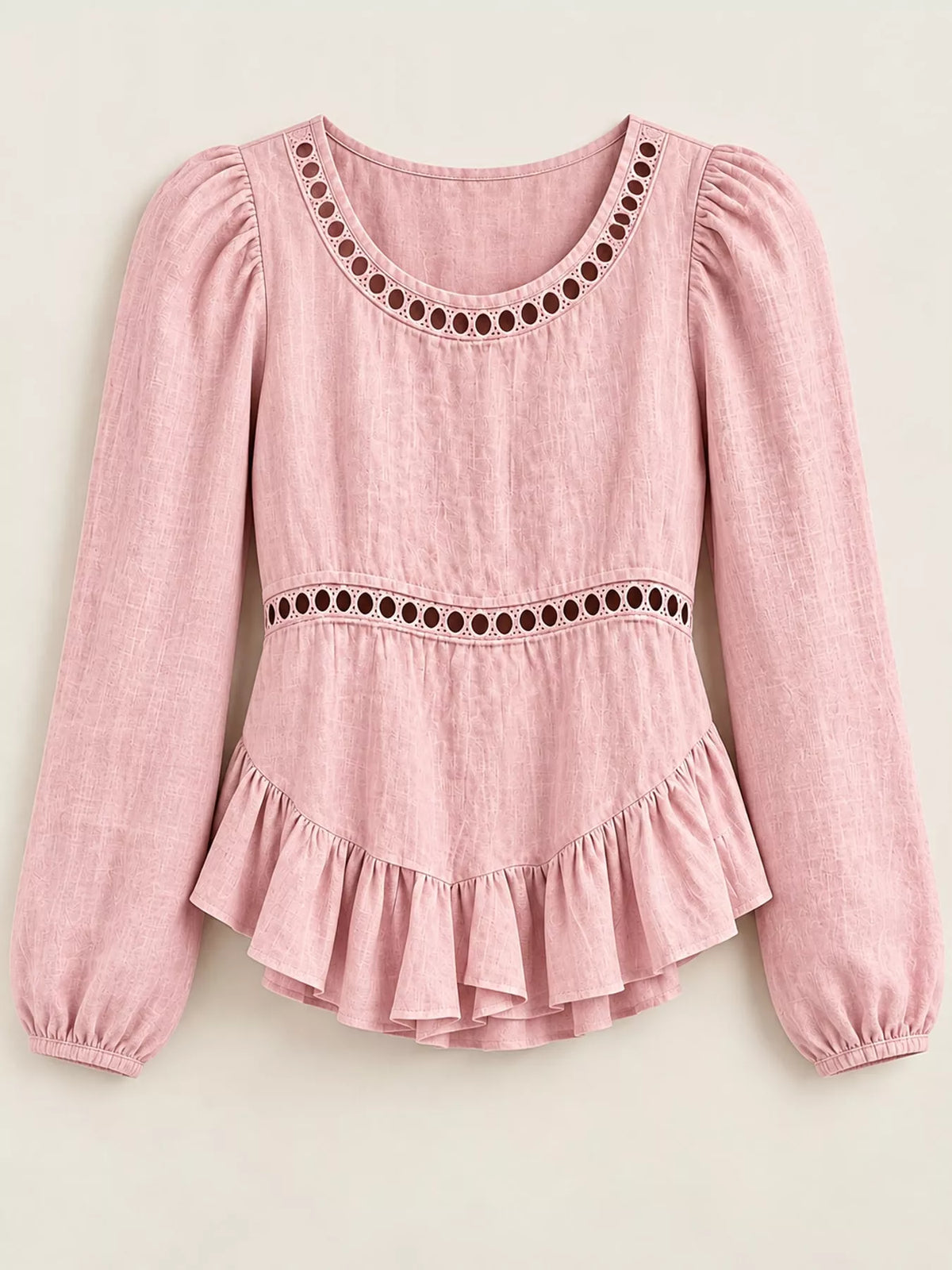 Women's Long Sleeve Blouse with Eyelet Lace Trim and Ruffled Hem in pink — flat lay view