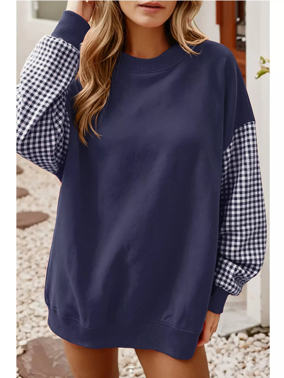 Navy blue and white gingham sleeve dropped shoulder sweatshirt, front view