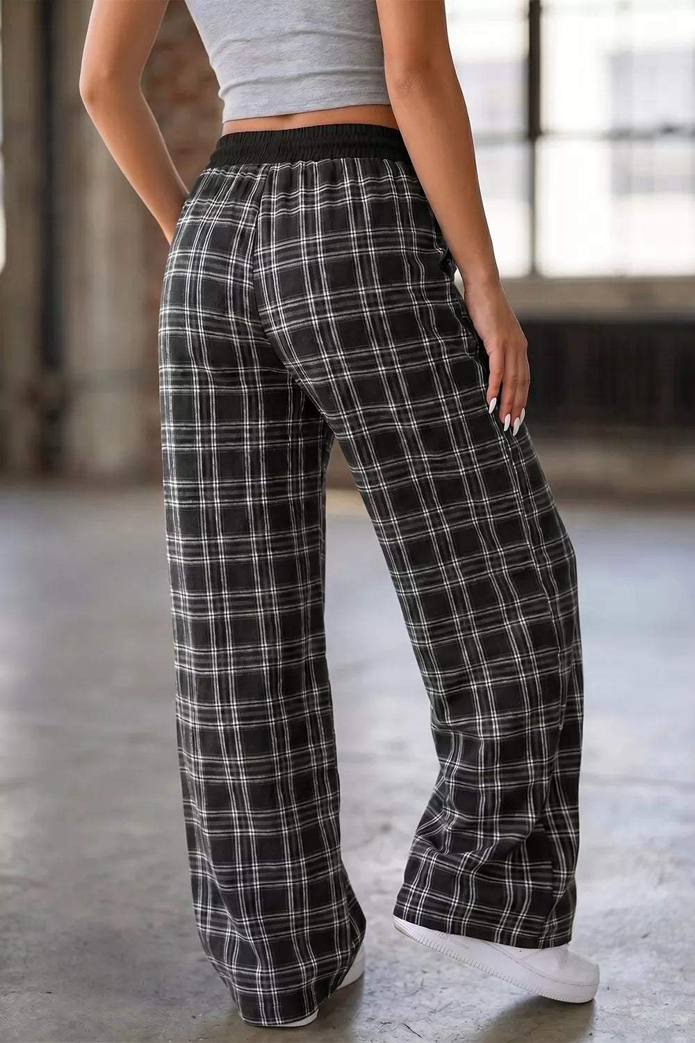 Trendsi Plaid Wide-Leg Drawstring Pants -