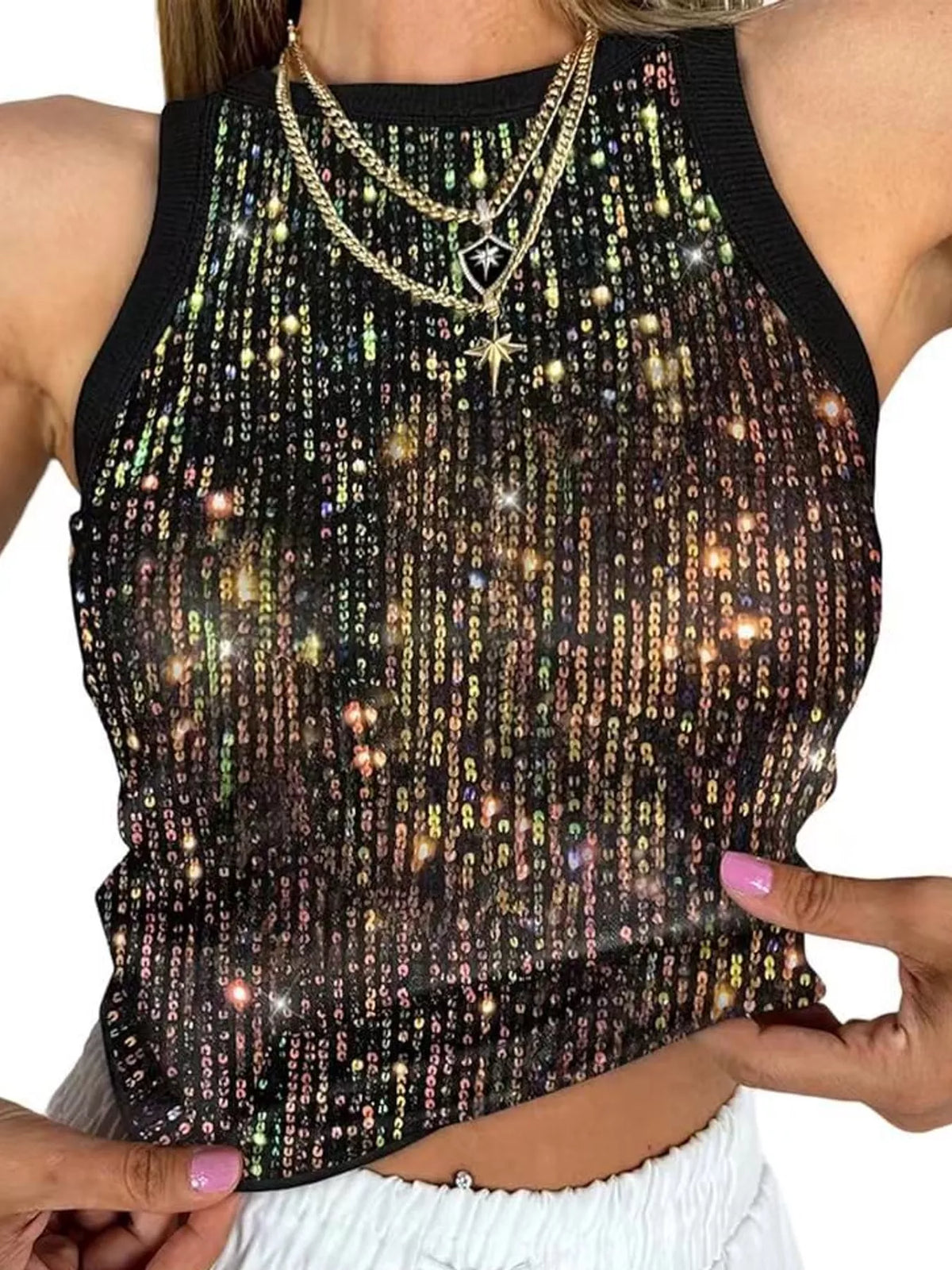 Multicolor sequin round neck tank, detail view