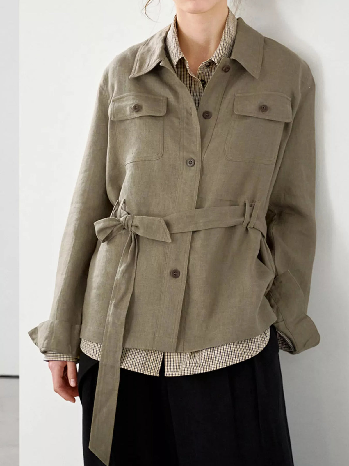 Belted shacket, olive full front