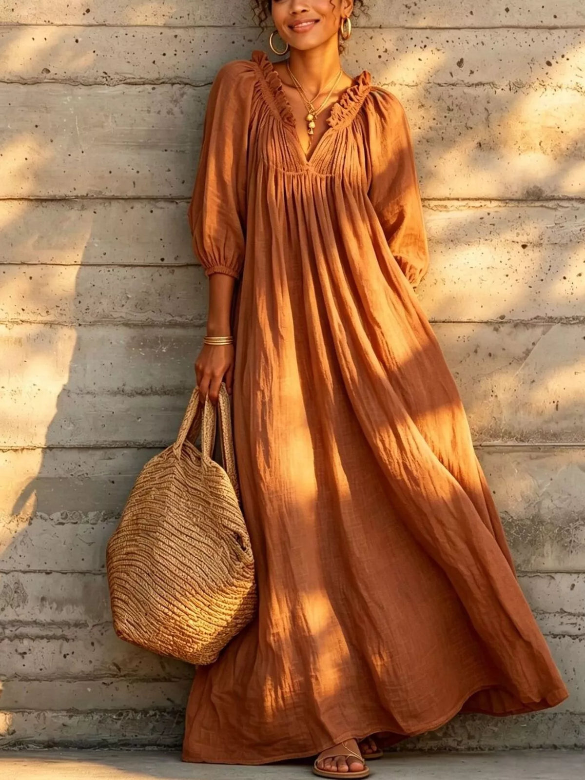 Ochre tiered notched 3/4 sleeve maxi dress