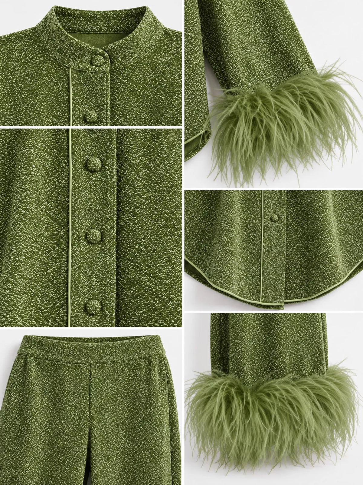 Olive feather-trimmed top and wide-leg pants set — design and construction details