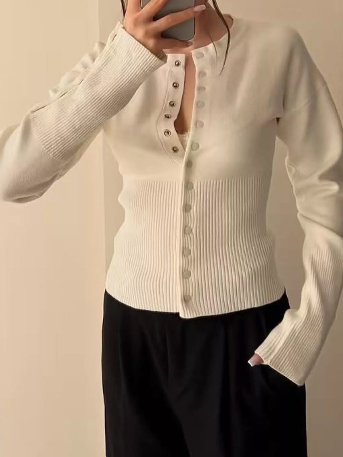 White button up ribbed waist cardigan