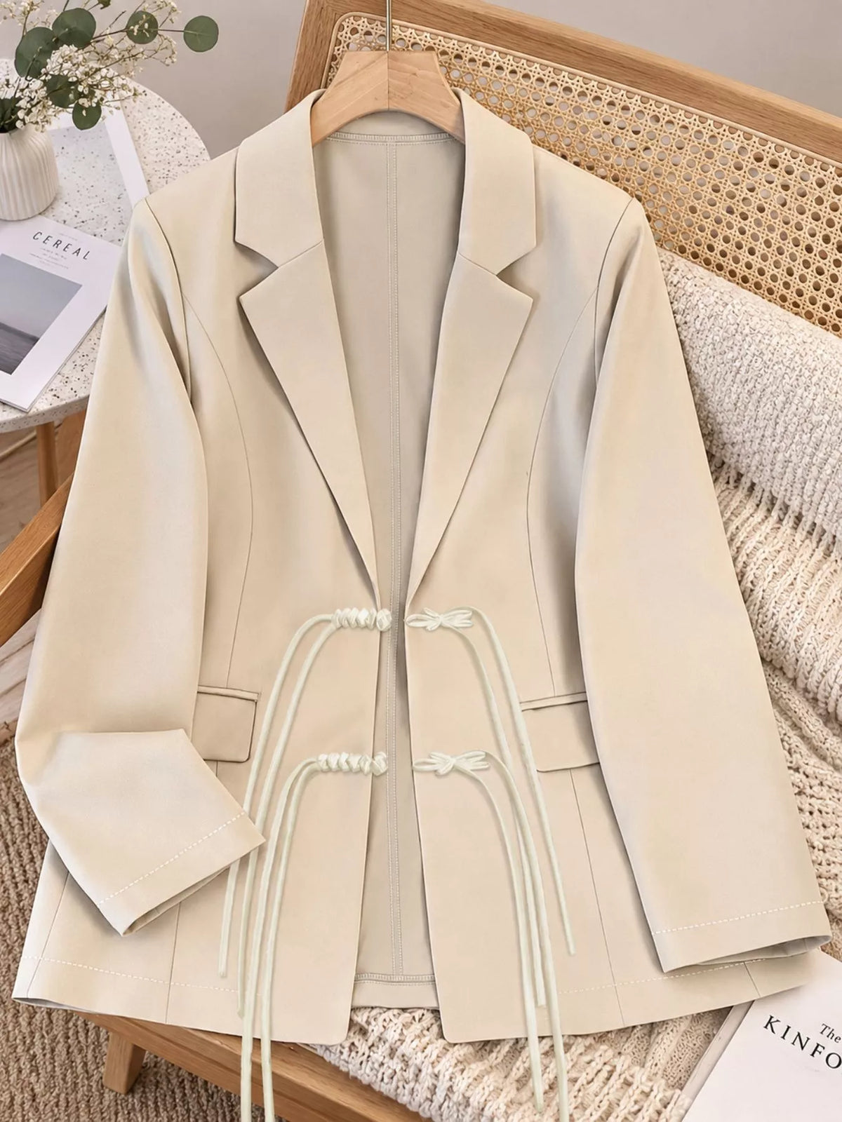 Women's Chinese-Style Knot Lapel Collar Blazer in beige — front view