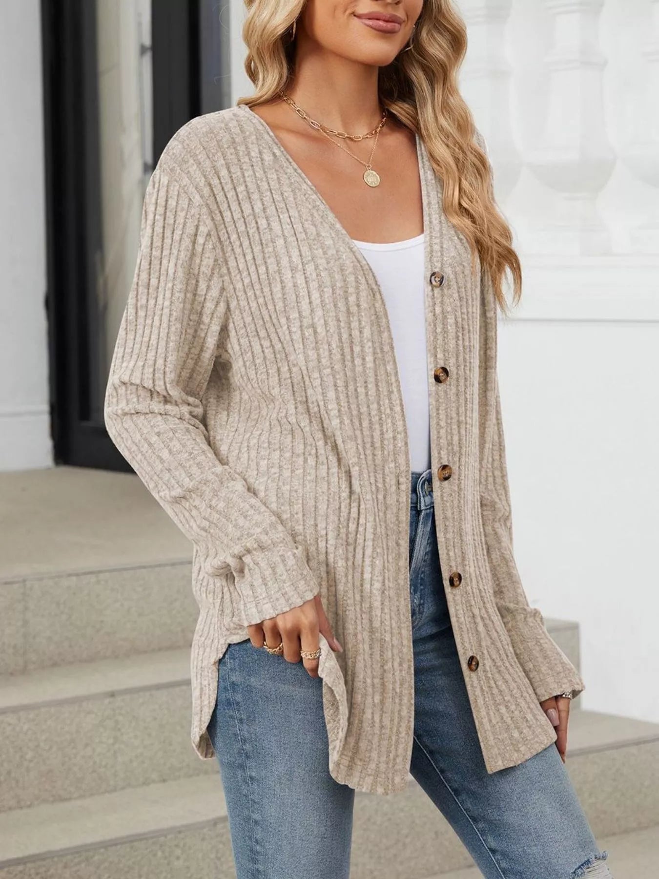 Trendsi Ribbed Button-Up Cardigan -