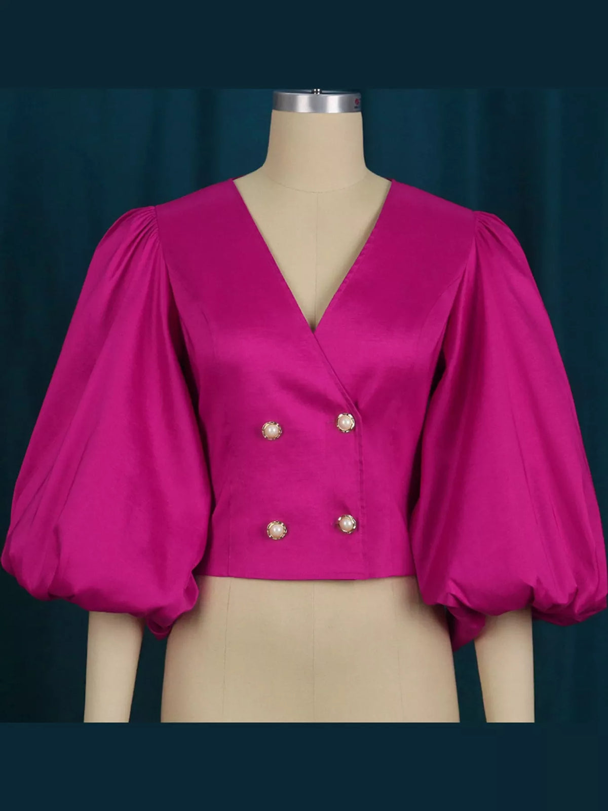 Fuchsia double-breasted puff sleeve blouse, product view