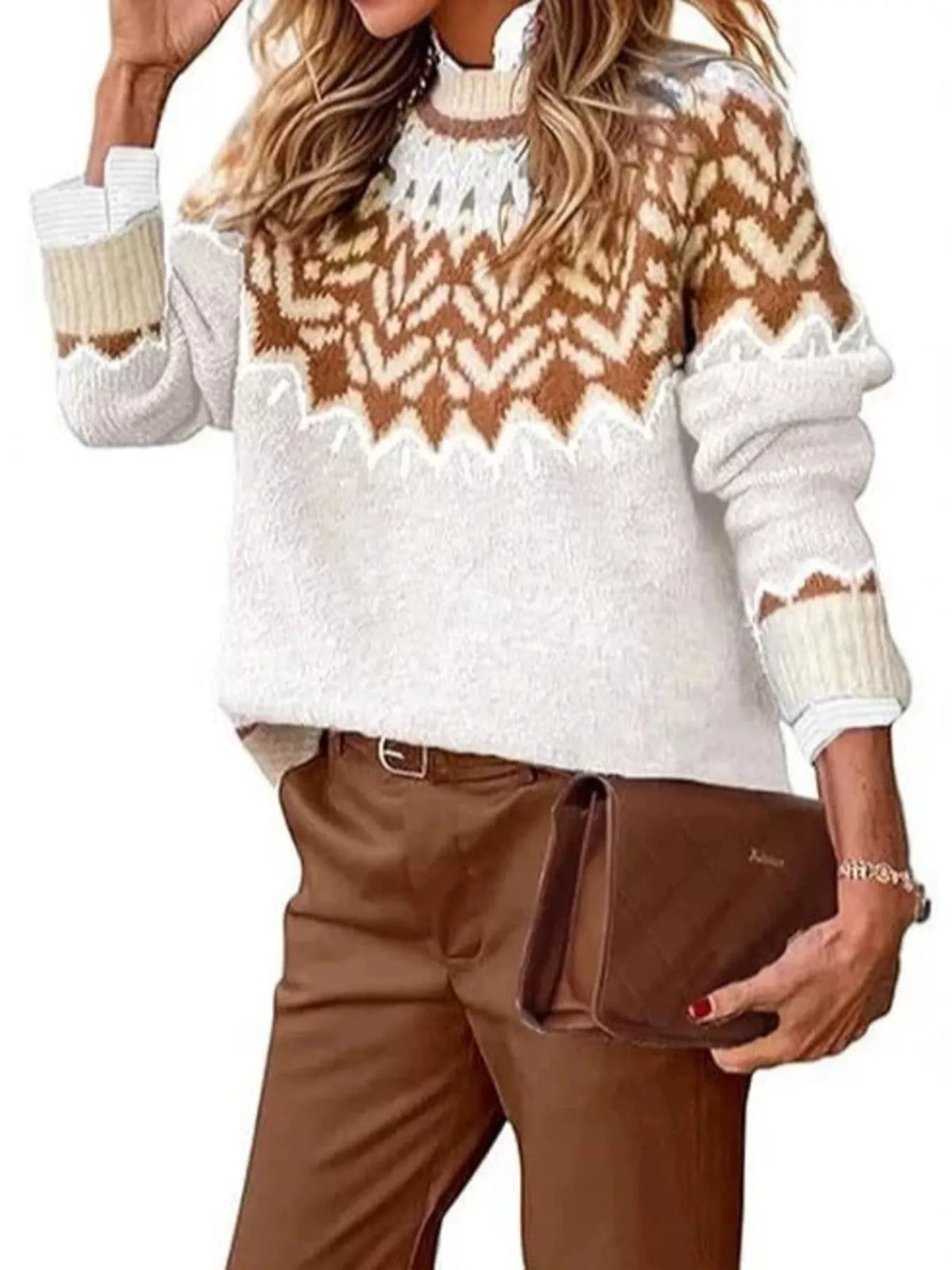 Fair Isle Patterned Long Sleeve Sweater in white, front view