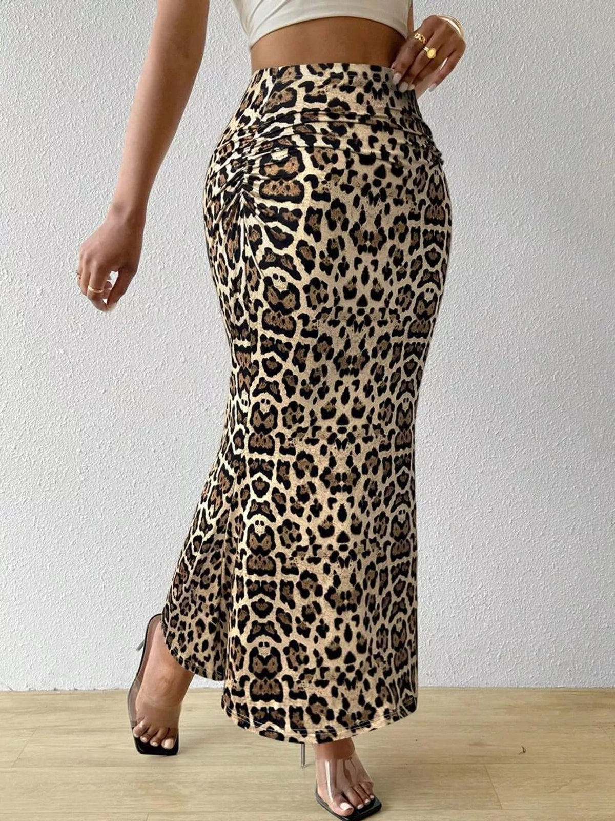 Brown and black leopard-print high-waisted ruched printed maxi skirt