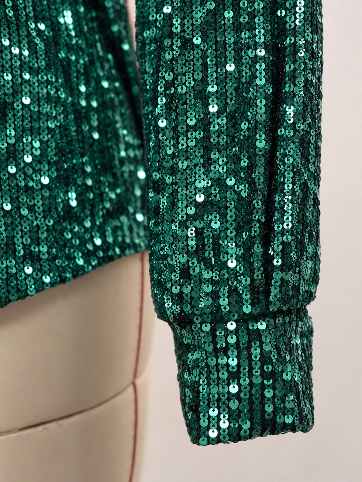 Dark Green sequin button up long sleeve shirt, detail view