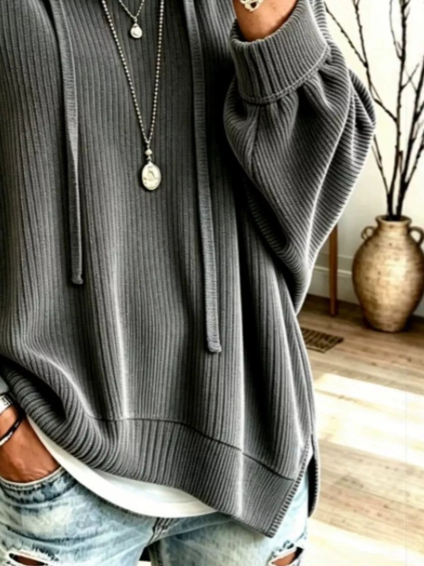 Trendsi Drawstring Ribbed Knit Hoodie -