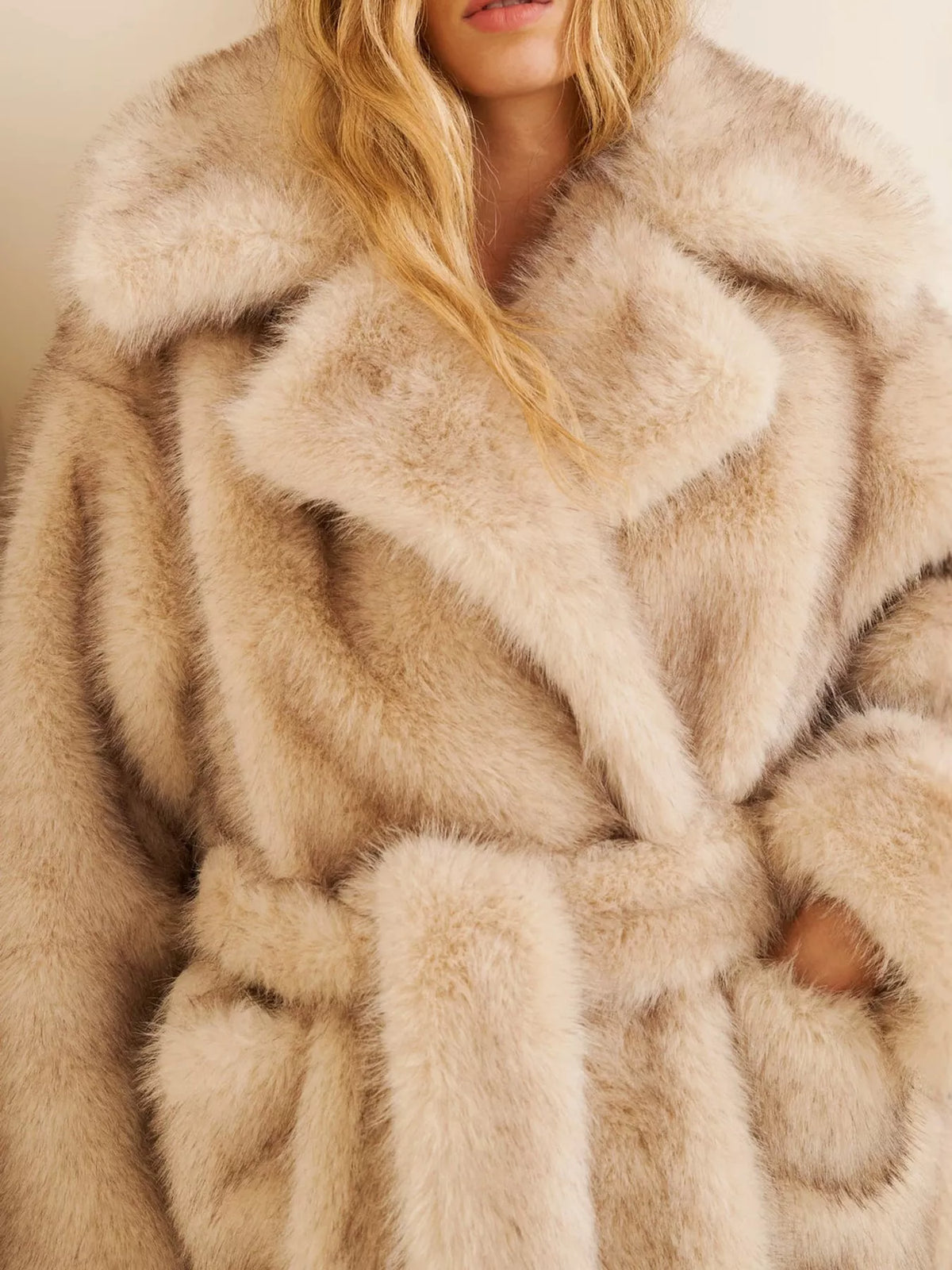 Lapel Collar Faux Fur Longline Coat with Pockets, detail view in light apricot