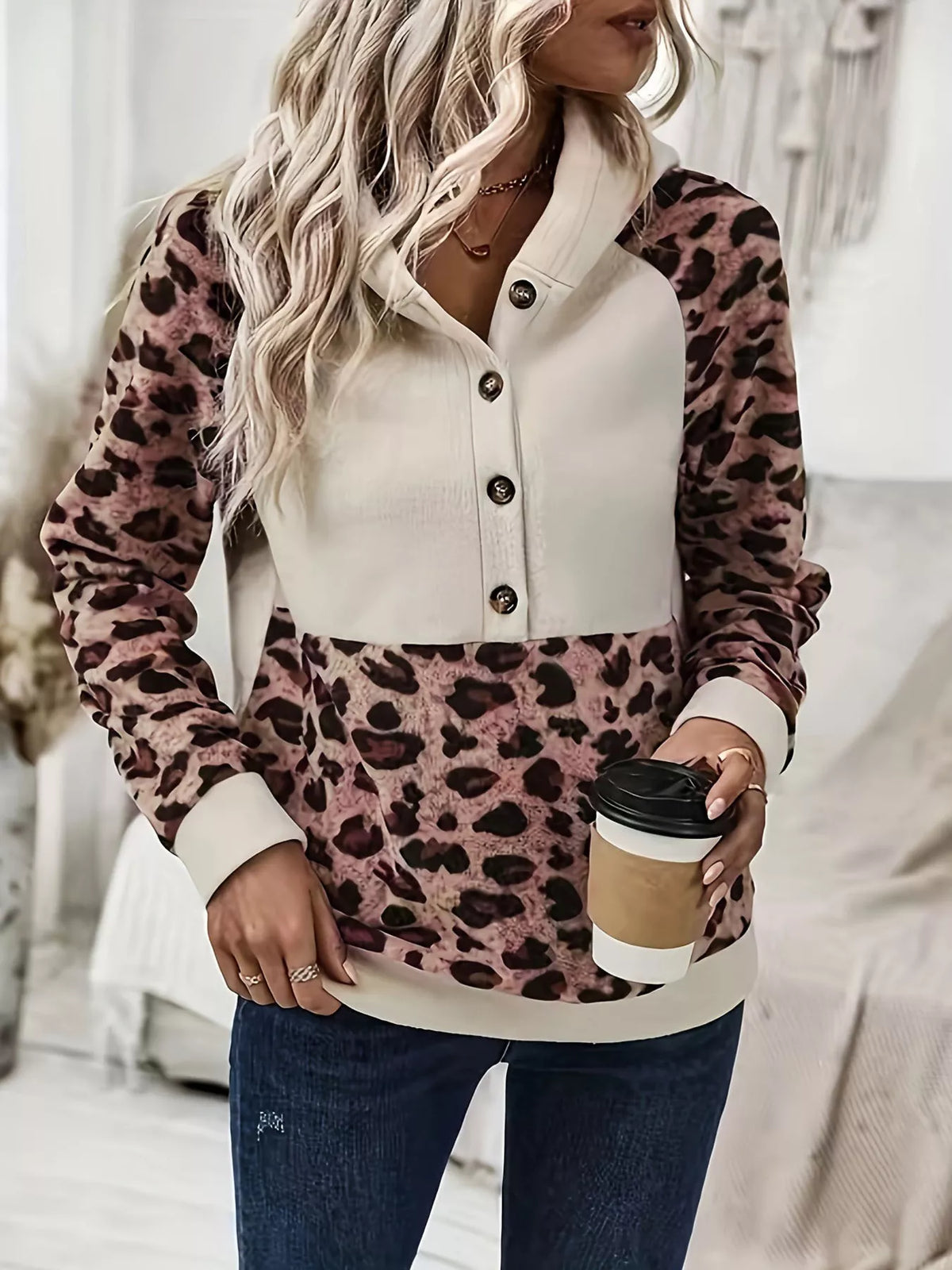 Trendsi Leopard Button Detail Hoodie -