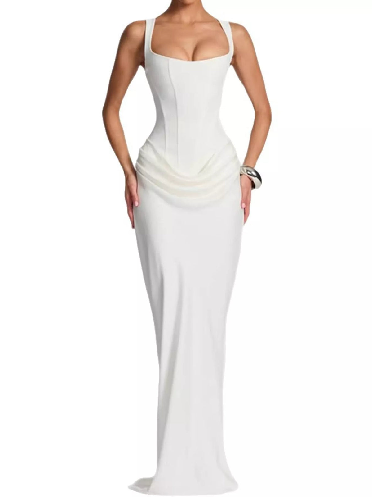Square neck sleeveless maxi dress, front view on model