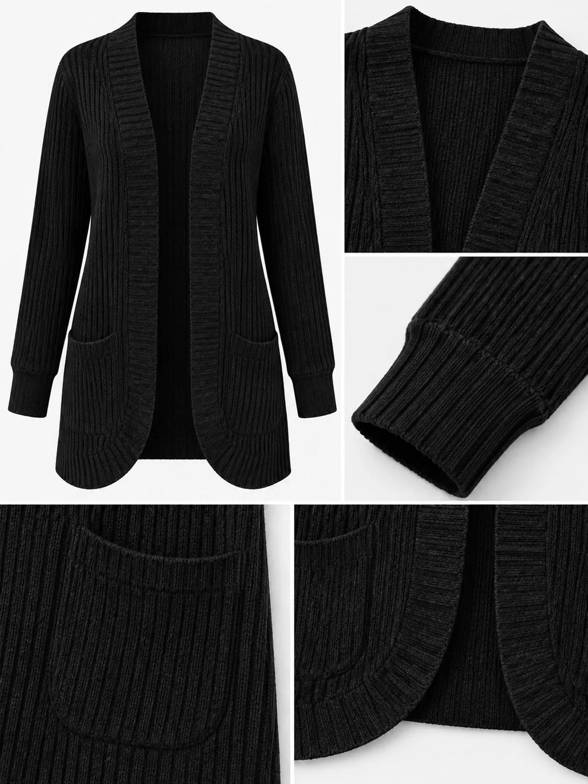 Black ribbed open-front longline cardigan