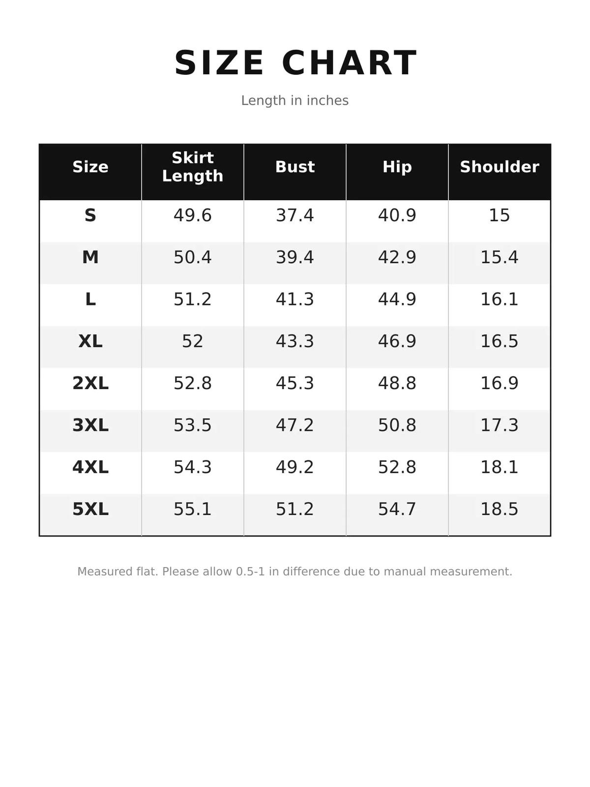 High-Slit Maxi Tunic Dress — size and measurement chart