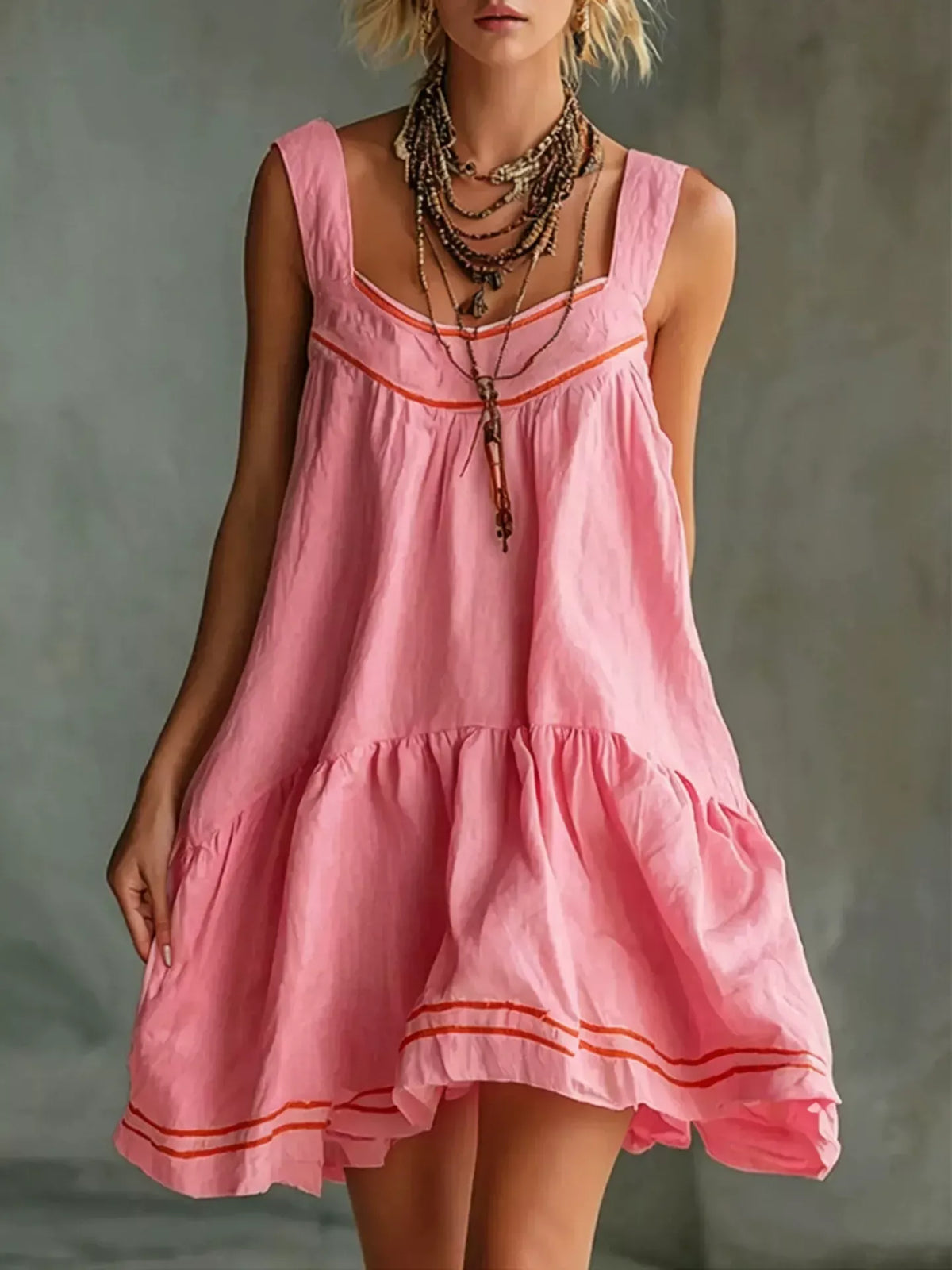 Sleeveless Tiered Mini Dress in pink, front view