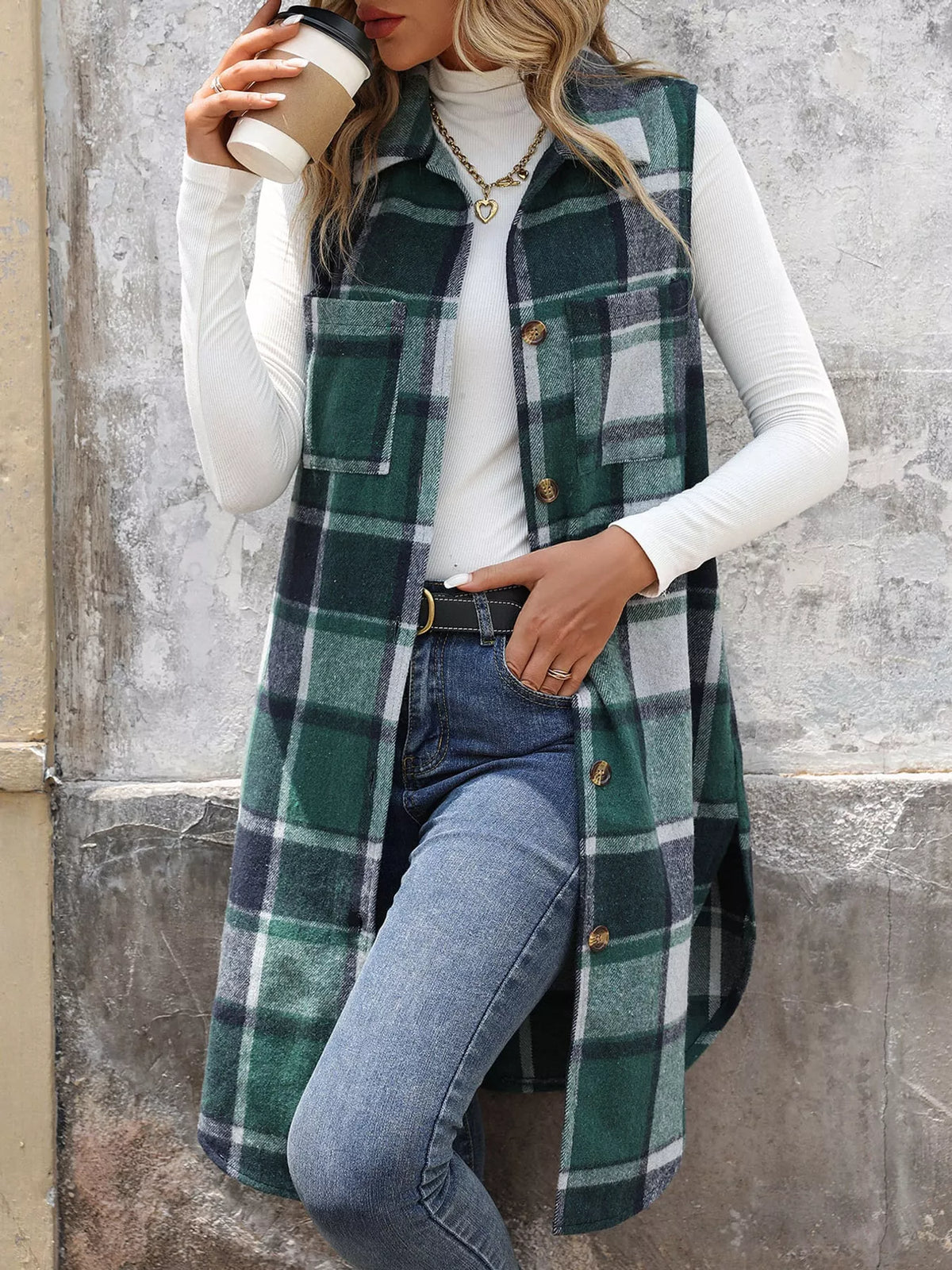 Longline Plaid Button-Down Vest Coat in green and white