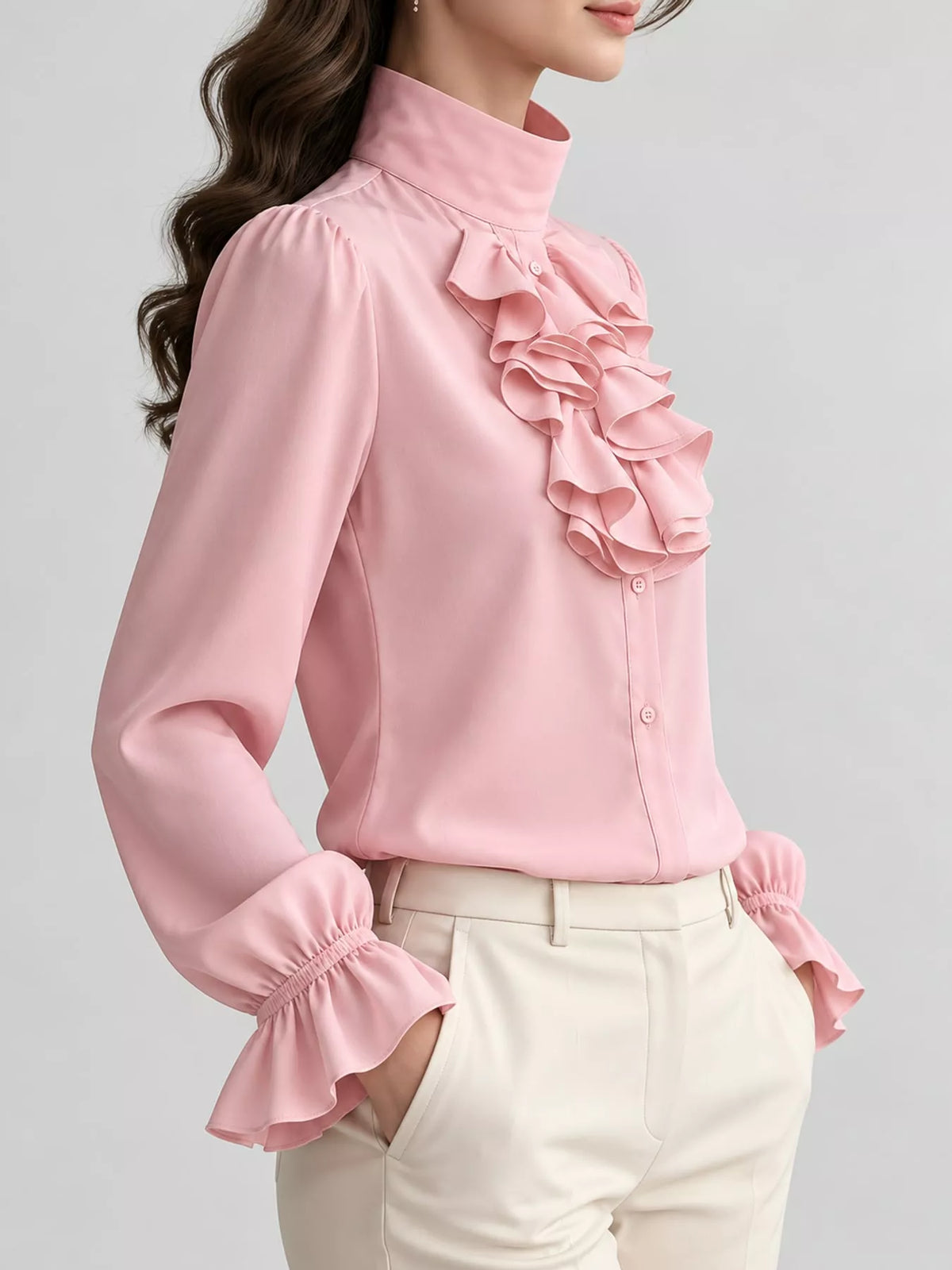 Ruffled Stand-Collar Blouse with Long Lantern Sleeves, side view