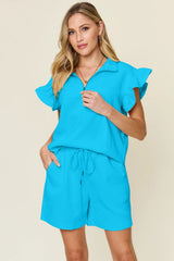 Trendsi Double Take Full Size Texture Flounce Sleeve Top and Drawstring Shorts Set -