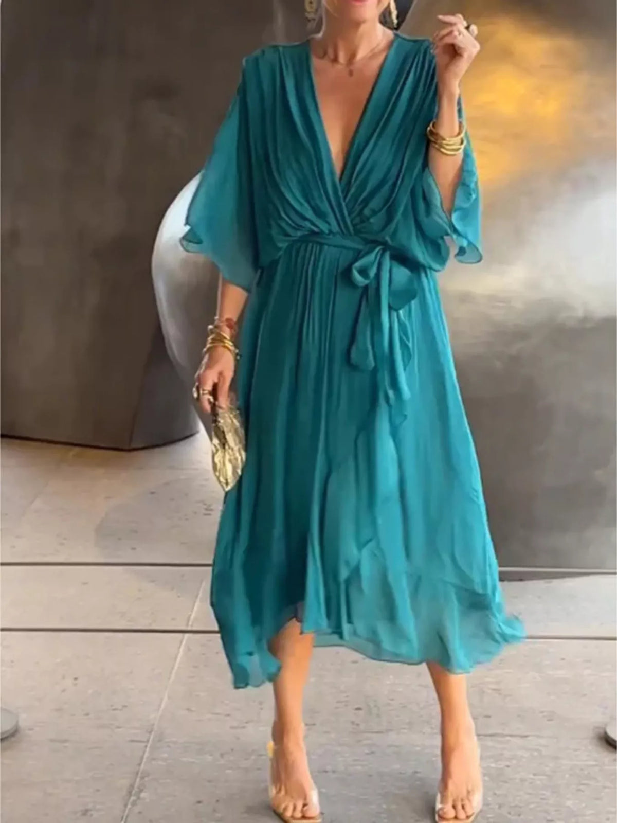 Trendsi Full Size Chiffon Wrap Dress with Flutter Sleeves Plus Size -