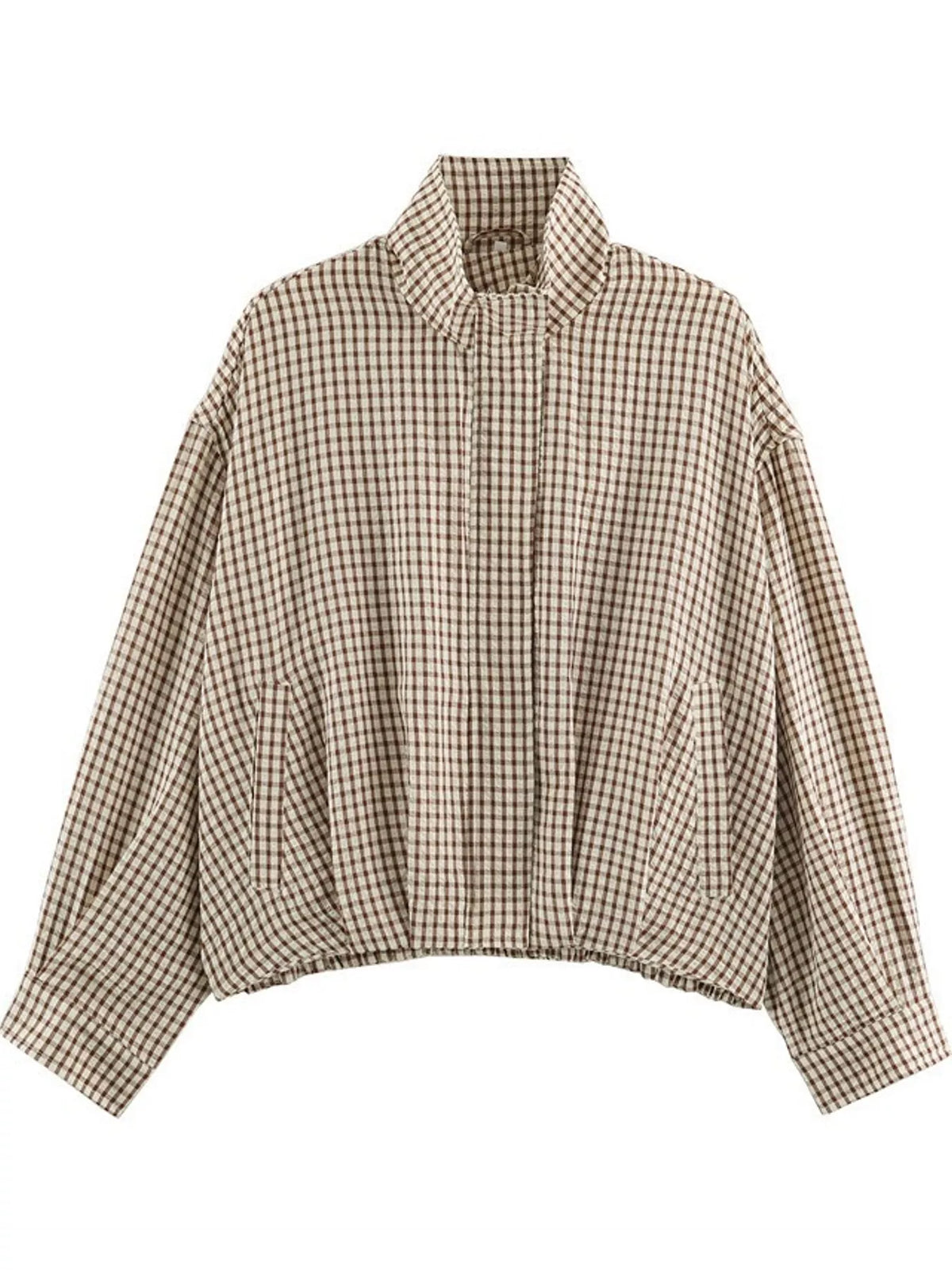 Light Brown Plaid plaid stand-collar cropped jacket