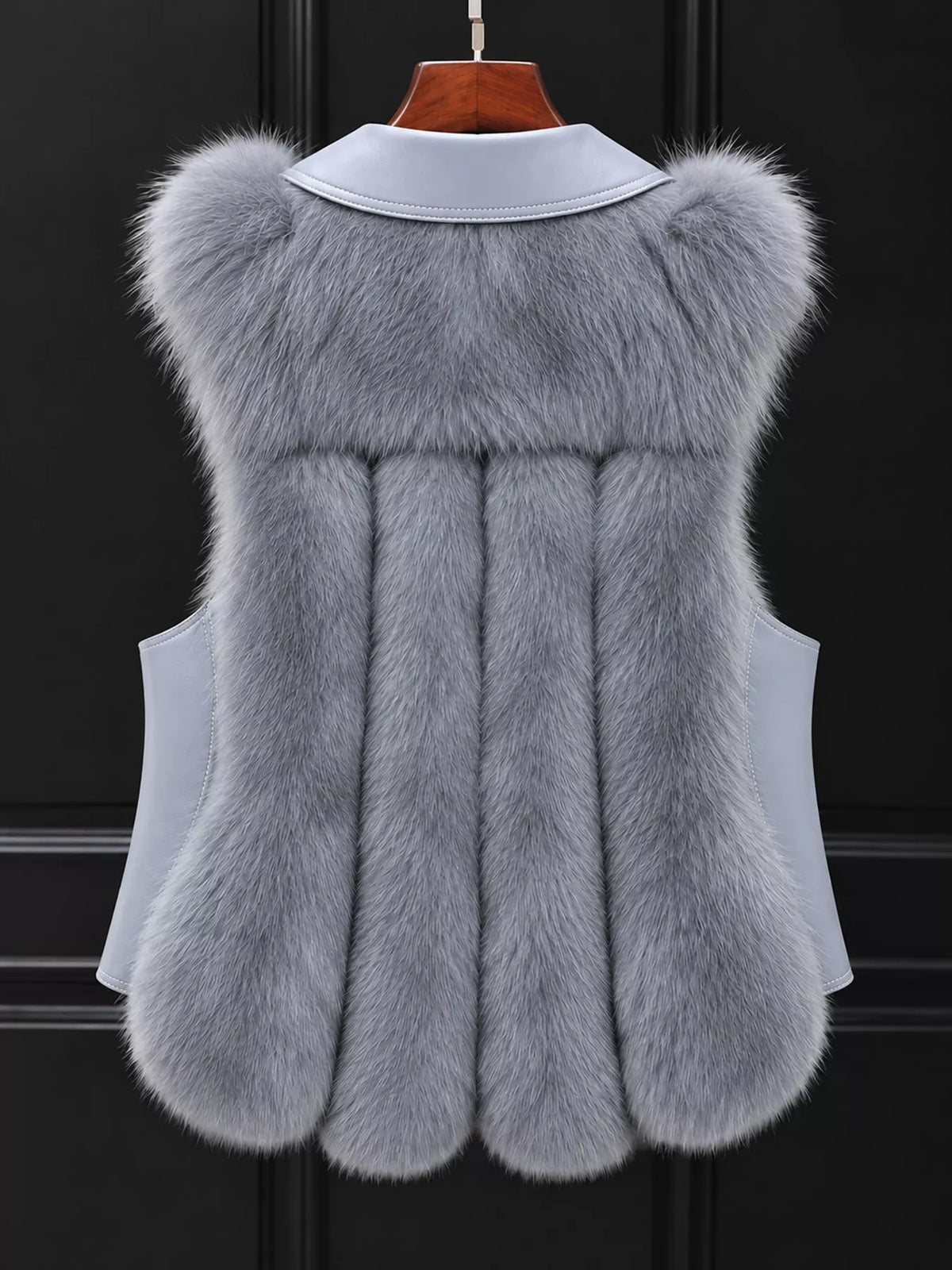 Faux Fur Snap Down Vest Coat, back view in gray