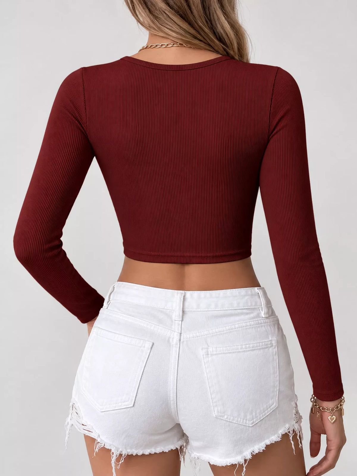 Burgundy ribbed crop t-shirt, back view