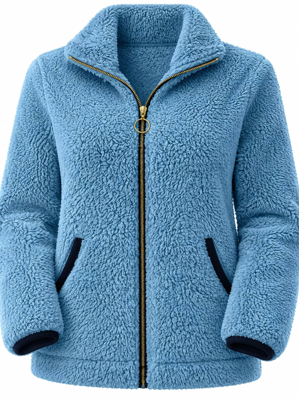 Contrast-trim fleece jacket, blue zip pocket detail