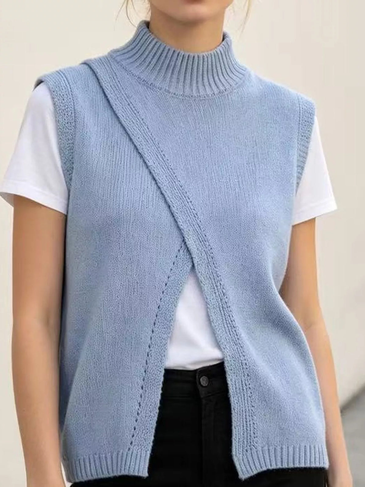 Mock Neck Asymmetrical Hem Knit Sweater Vest in light blue