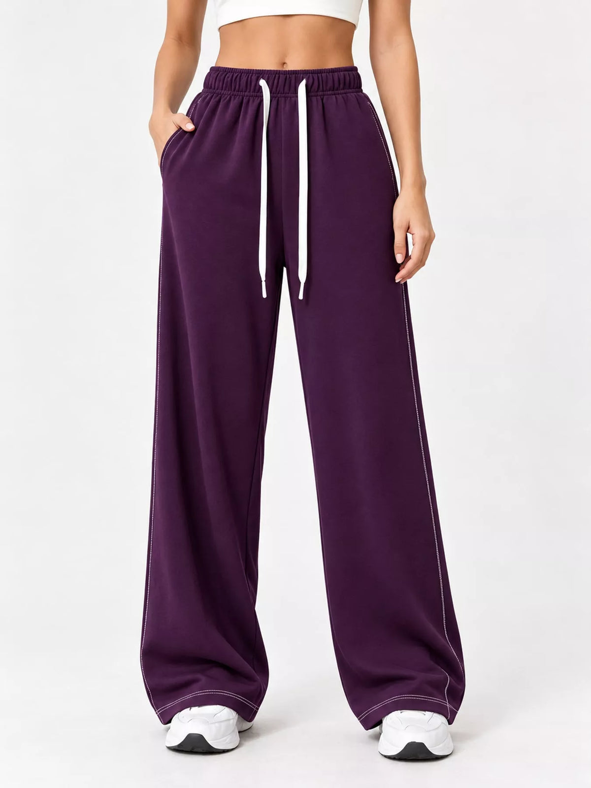 Purple wide-leg pants with drawstring