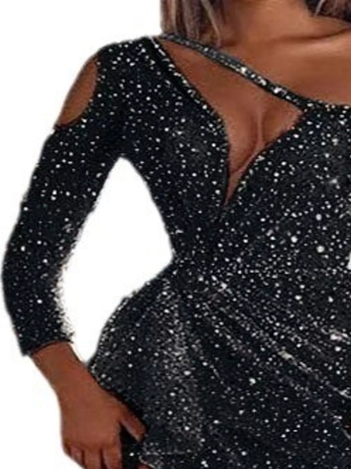 One-shoulder sequin gown, black asymmetric neckline detail