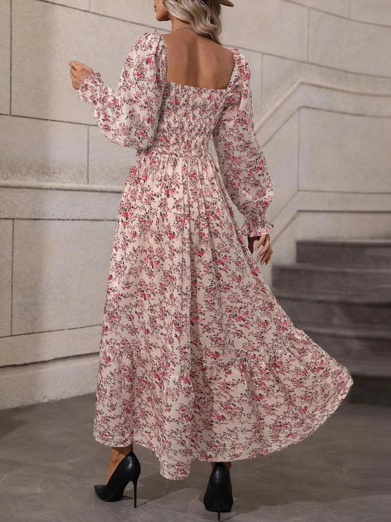 Trendsi Floral Print Square Neck Smocked Midi Dress -