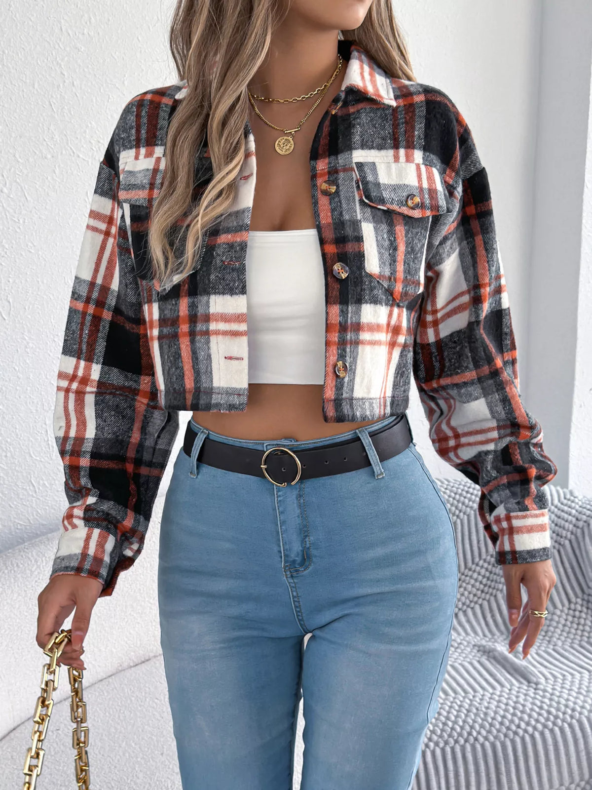 Black plaid button-up cropped jacket