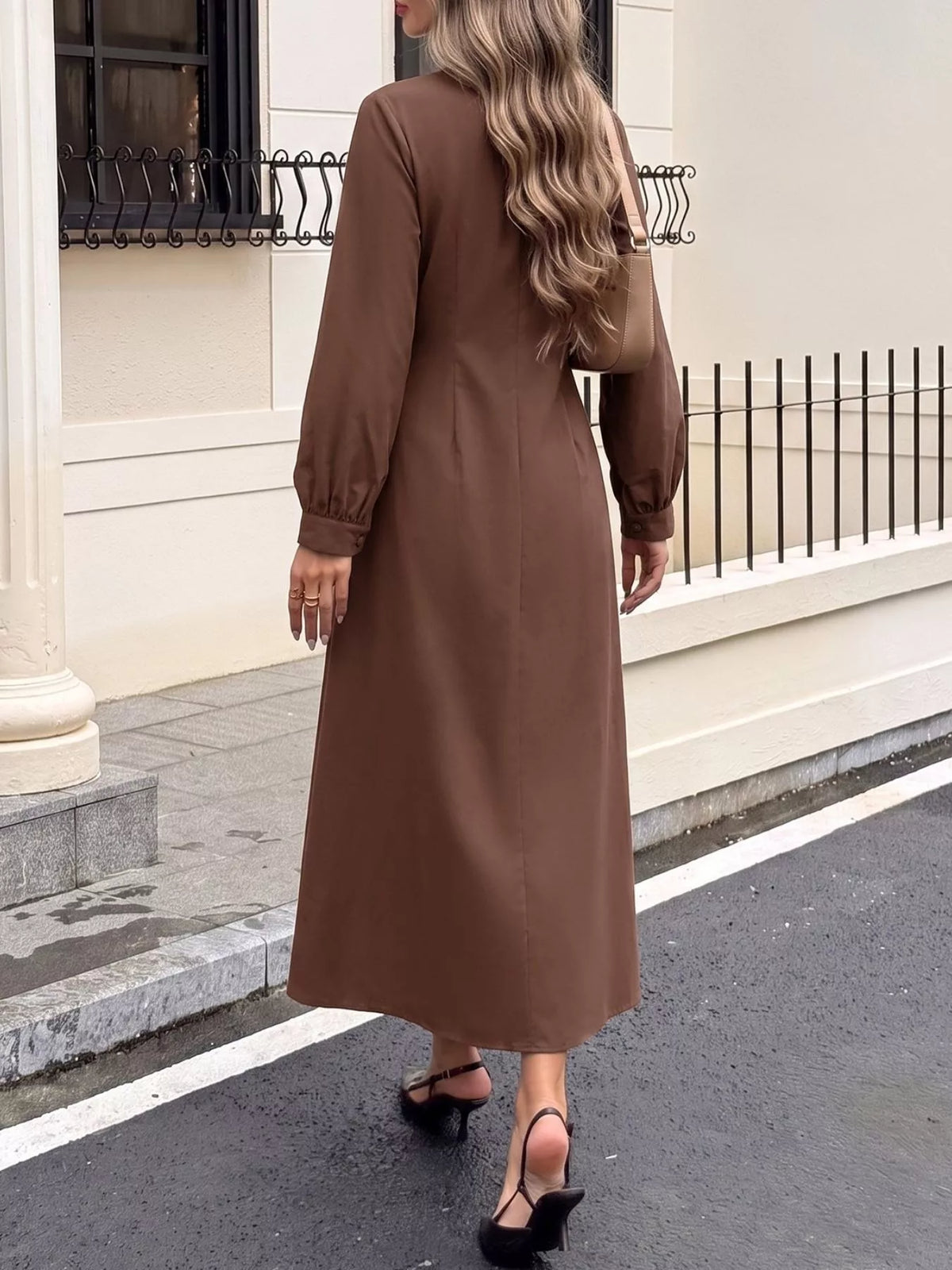 Brown button-down long sleeve midi dress, back view