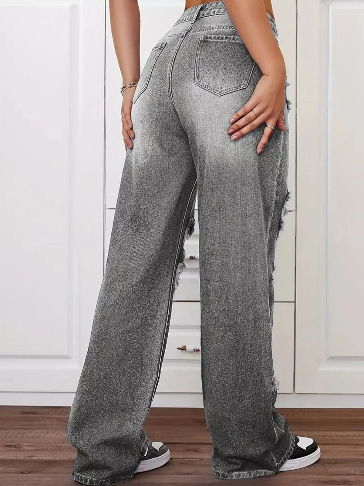 Distressed Wide-Leg Jeans in gray, back view