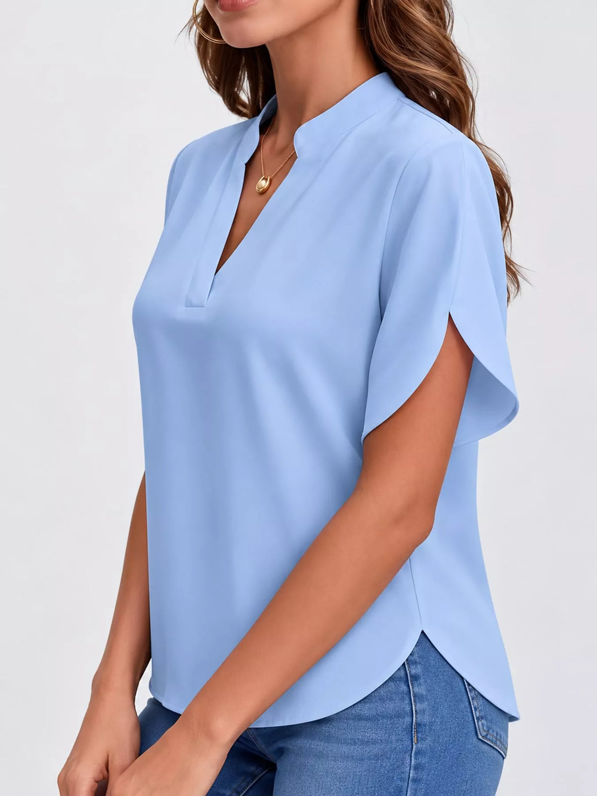 Women's Notched Slit Short Sleeve Blouse in light blue — side view