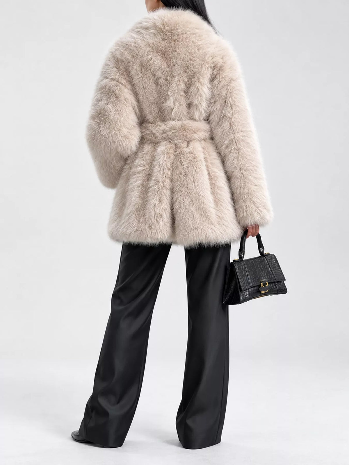 Faux Fur Belted Coat, back view in cream