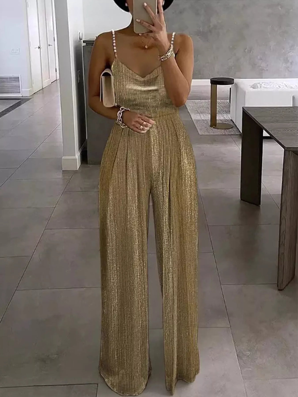 Metallic Wide-Leg Jumpsuit with Pearl Strap Detail in gold