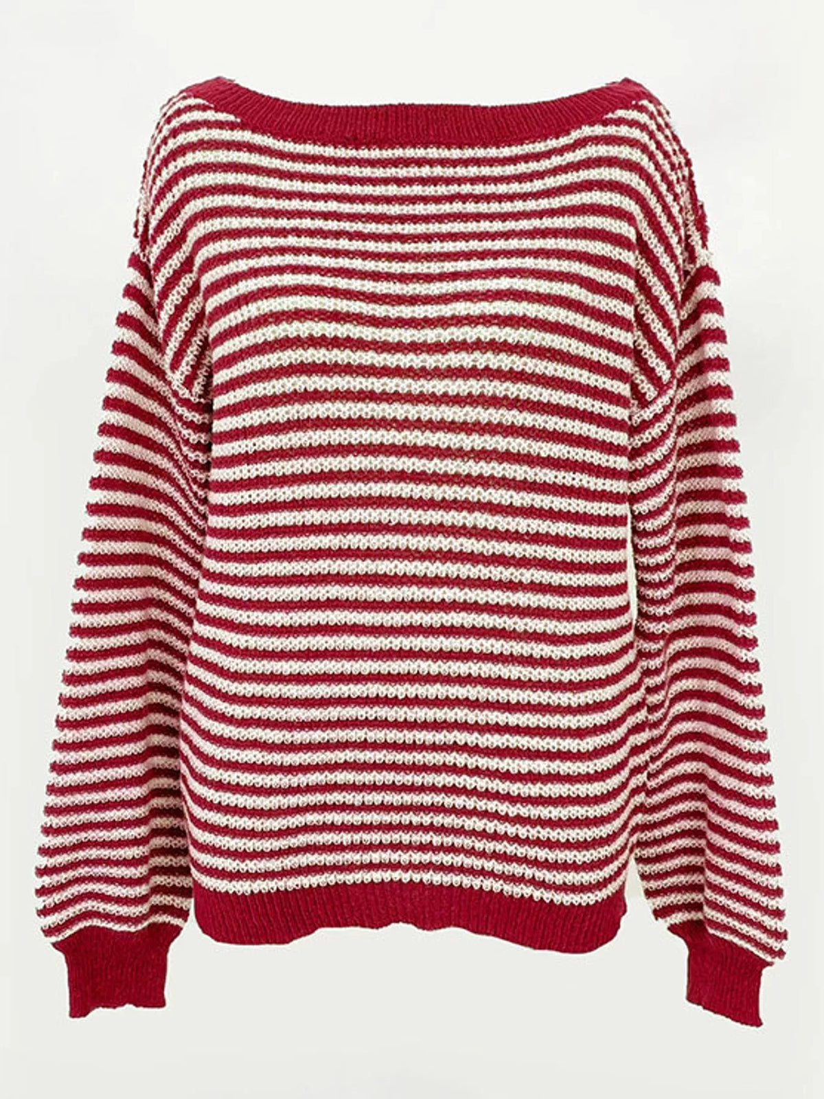 Red and white striped knit boat neck sweater