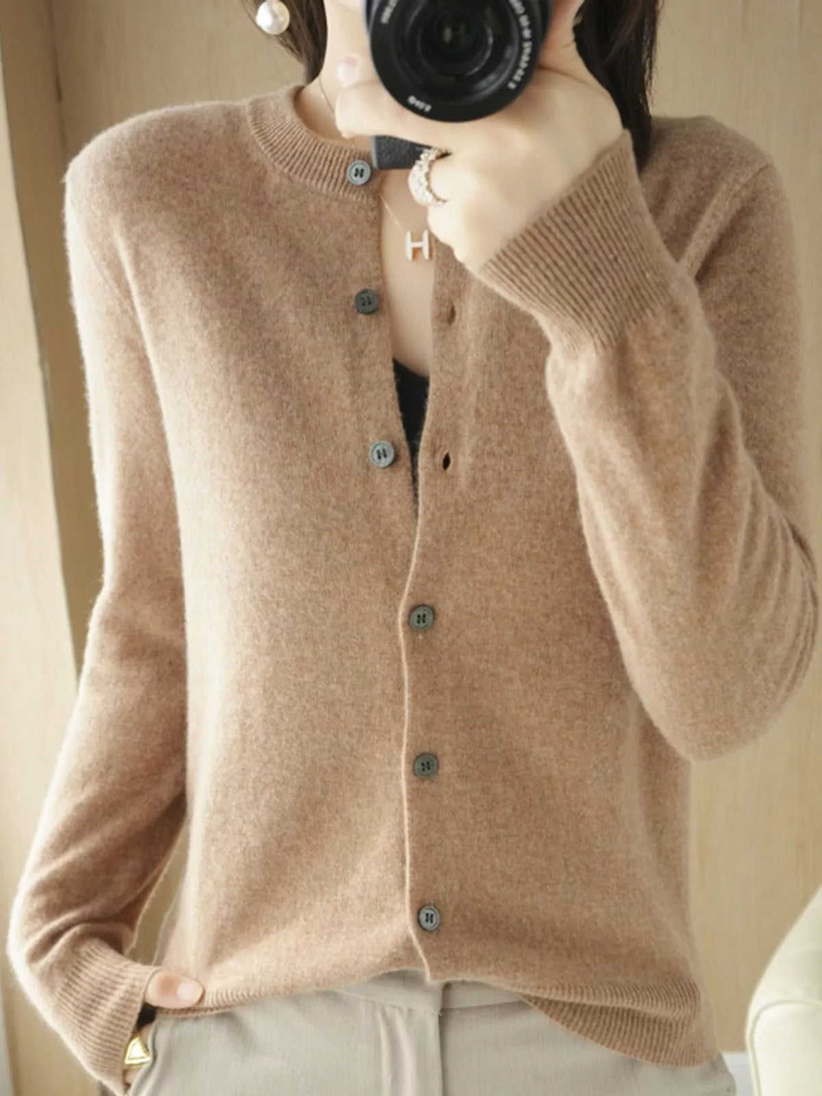 Camel crew neck button-front cardigan
