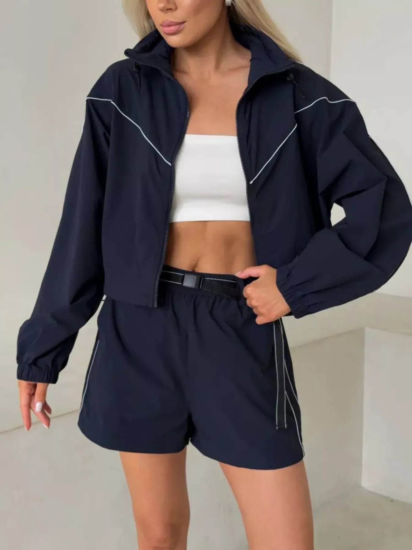 Trendsi Drawstring Zip-Up Jacket and Shorts Set -