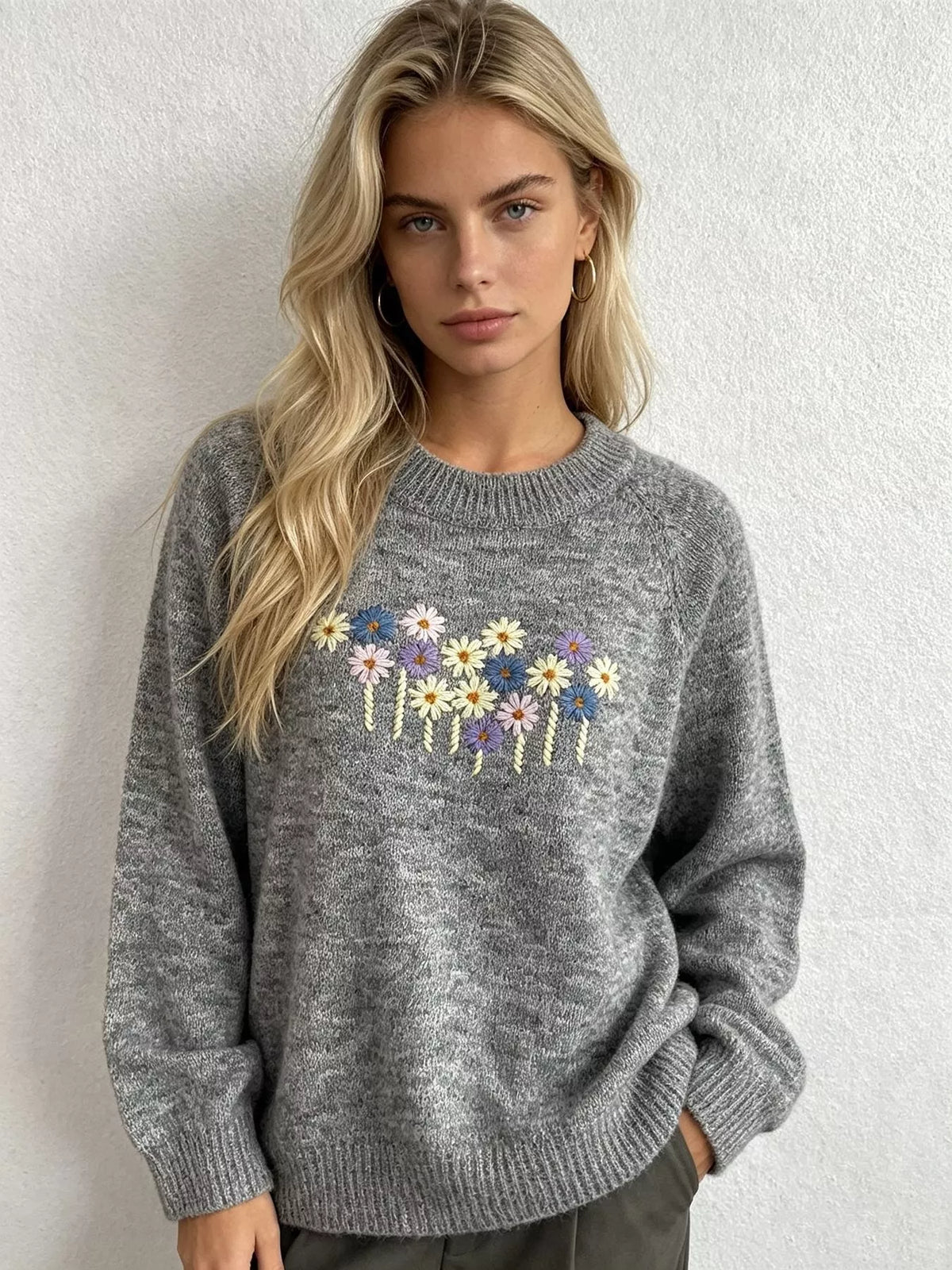 Floral embroidered round-neck sweater in gray, front view