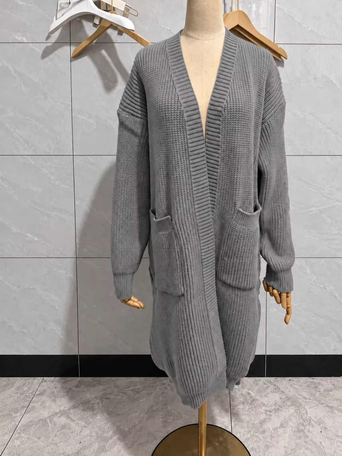 Longline knit cardigan, gray mannequin front