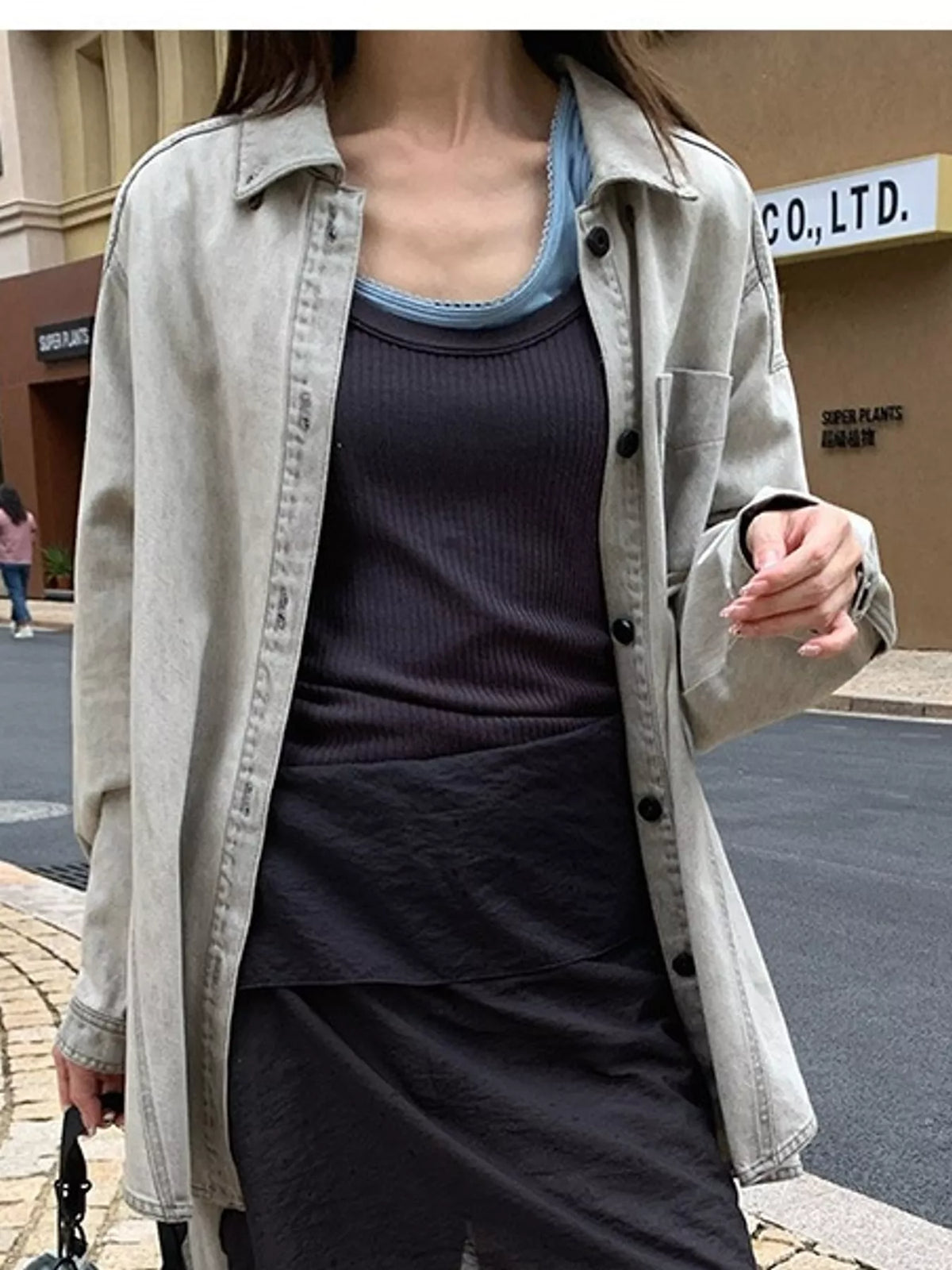 Gray button-down front denim shacket