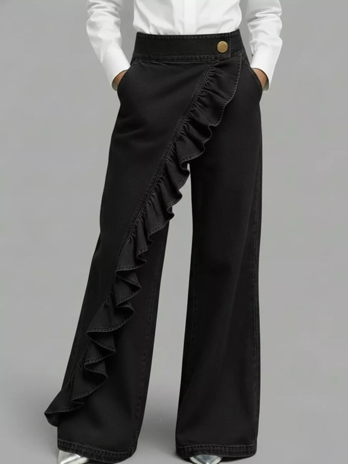 Black ruffled wide-leg pants — front view