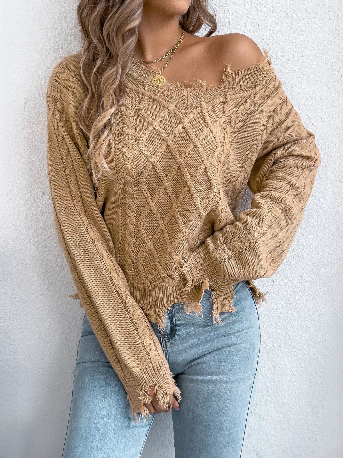 V-Neck Distressed Hem Cable Knit Sweater in camel, front view