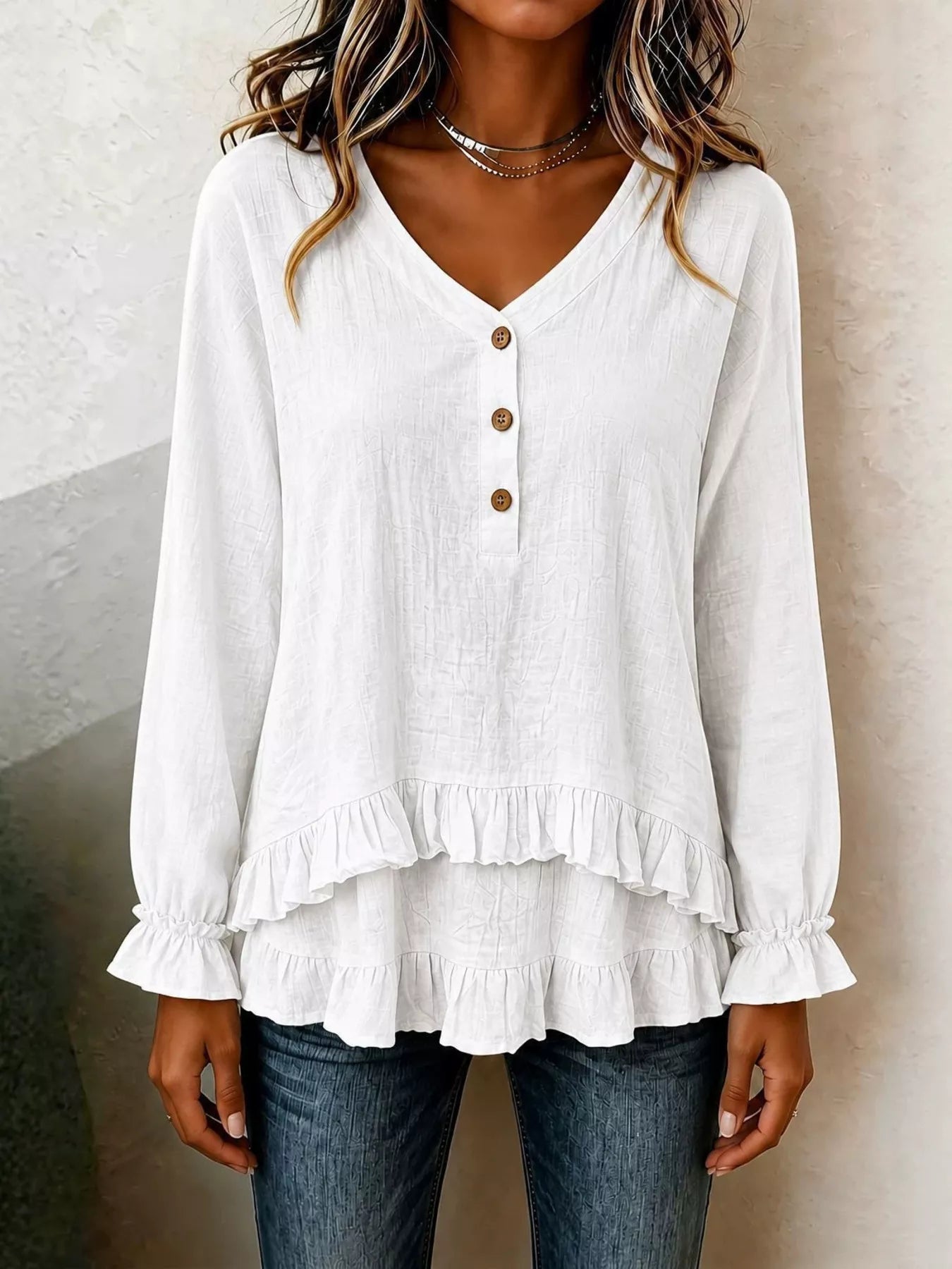 Trendsi Ruffled Hem Long Sleeve Blouse -