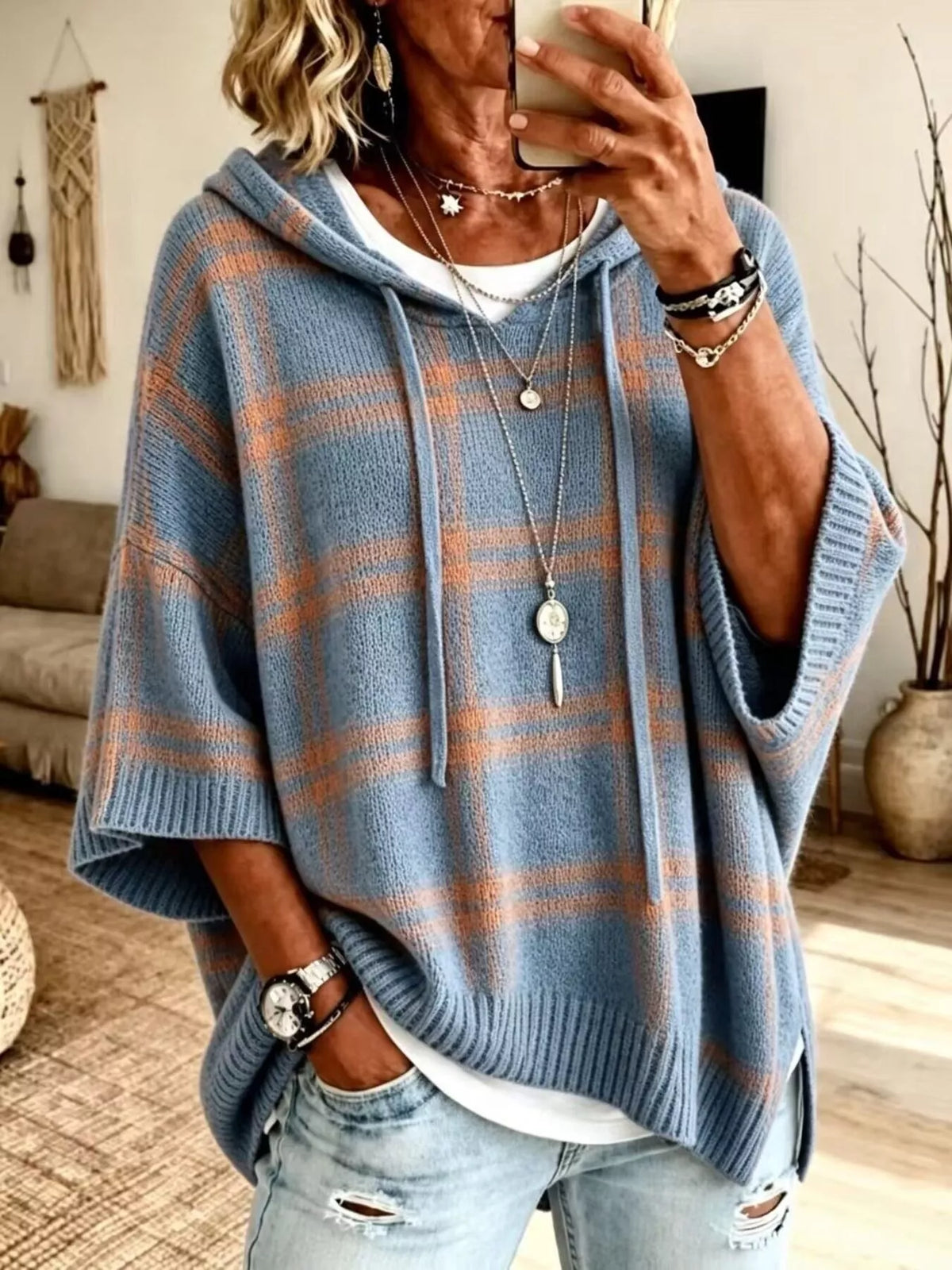Blue plaid hooded sweater, front view